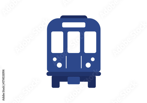 A blue cartoonish tram with three front windows and a rectangular sign above