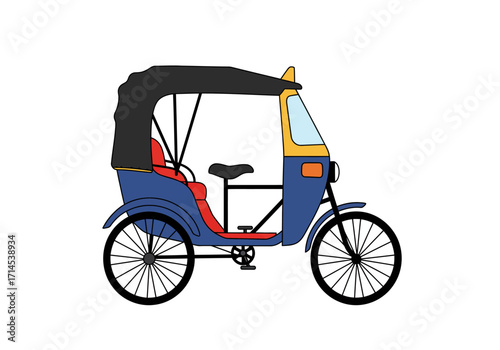 A blue auto rickshaw with black top red seat and yellow accents on a white background