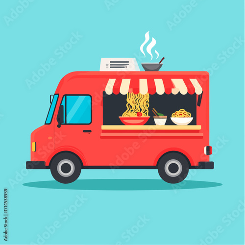 Red Food Truck Serving Hot Asian Noodles and Street Food.