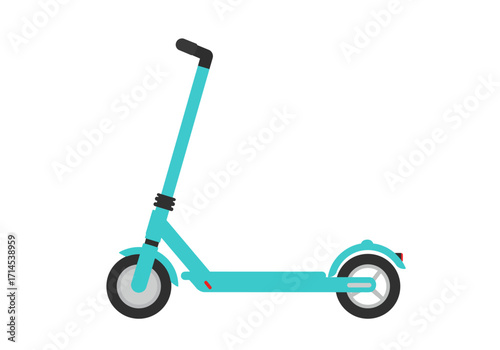 A blue scooter with black handles  tires stands against a white backdrop