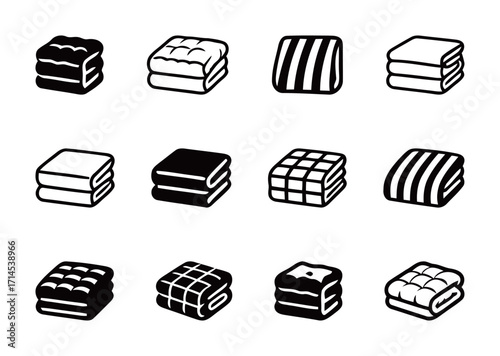 A collection of black and white icons for blankets, quilts, and folded towels in various styles.