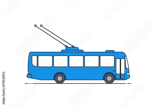 A blue trolley bus with long antenna and rectangular windows on a white background