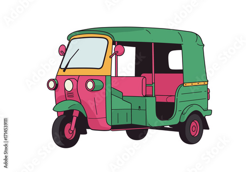 A cartoon auto rickshaw colored pink green and yellow is on a white background