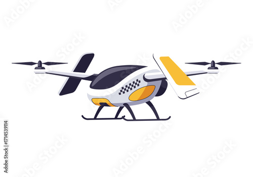 A dronestyle flying taxi with taxi markings rotor wings and landing skids