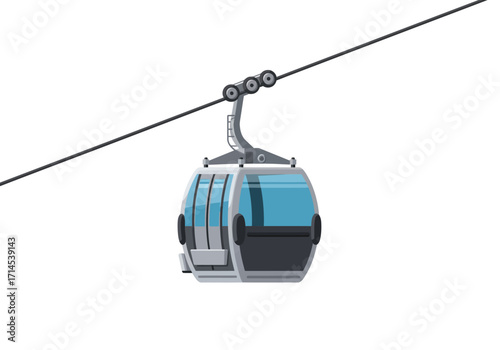 A cable car hangs suspended from a thick black cable against a white background