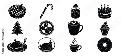 Holiday Food and Drink Icon Set in Black and White for Festive Designs and Illustrations