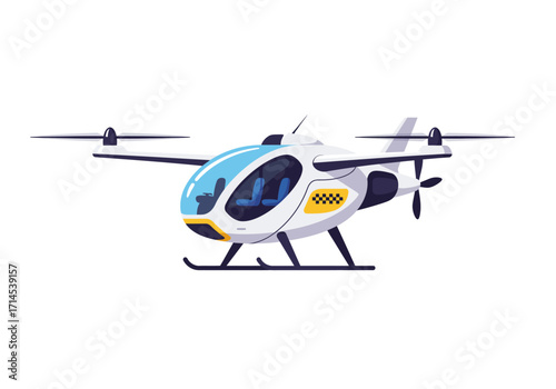 A cartoon air taxi resembling a small helicopter is white with yellow taxi markings and blue windows