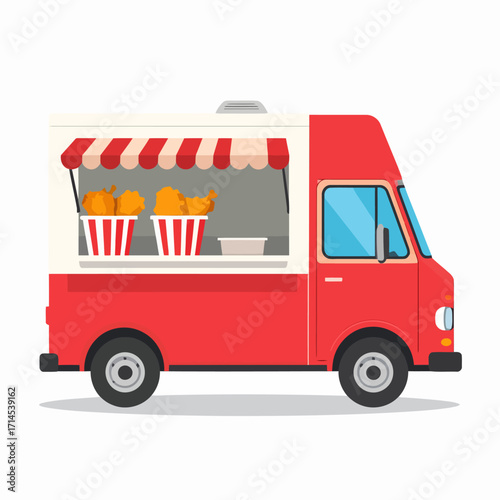 Red Food Truck with Striped Awning and Buckets of Food Illustration.