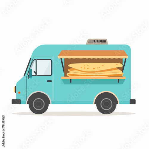 Blue Food Truck with Tacos Ready to Serve Customers.