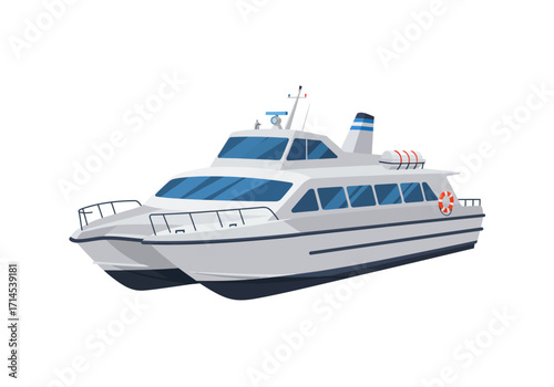 A gray catamaran with blue windows and details featuring a red life preserver on its stern