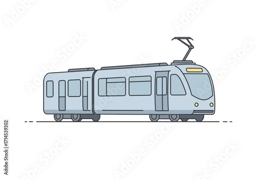 A light blue tram with black outlines on a white background with a line underneath