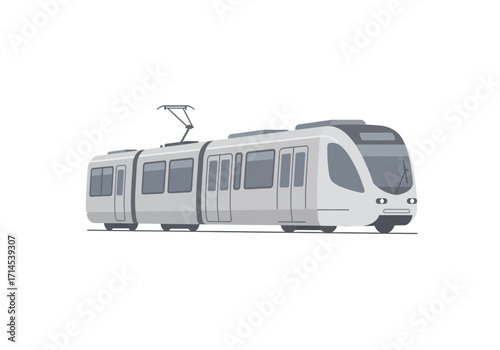 A light gray modern tram stands on a white background