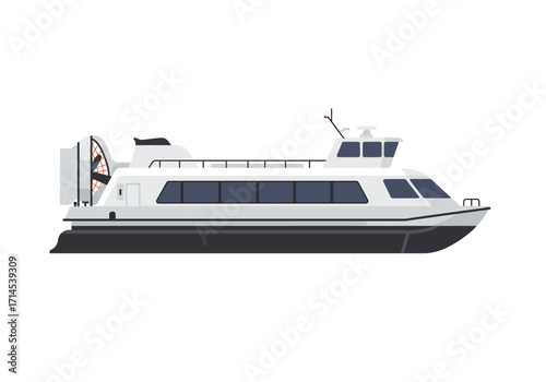 A hovercraft with visible rear propeller white body and dark grey bottom floats on a white background