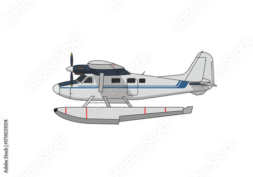 A light gray seaplane with blue details floats and propellers is centered on a white background