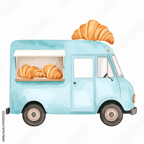 Charming blue food truck with croissants watercolor illustration.