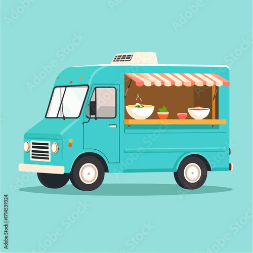 Illustration of a Blue Food Truck Serving Food.