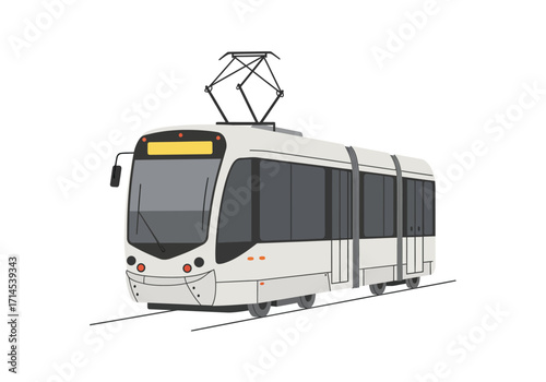 A lightcolored tram with a pantograph sits on its tracks in a plain setting