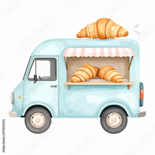 A light blue food truck selling croissants.
