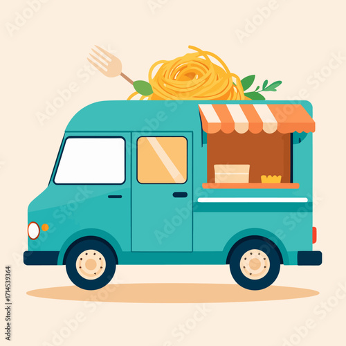 Illustration of a Blue Food Truck with Pasta on Top.