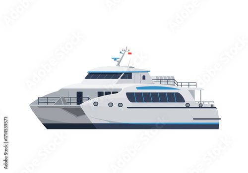 A lightgrey catamaran ferry boat with two hulls cabins and an antenna on a white background