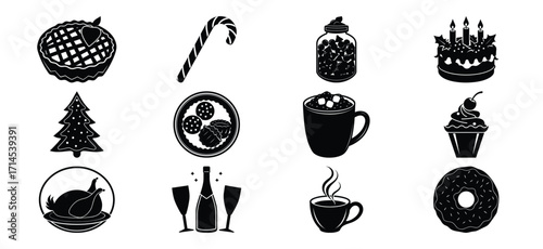 Collection of Black and White Holiday and Winter Themed Food and Drink Illustrations