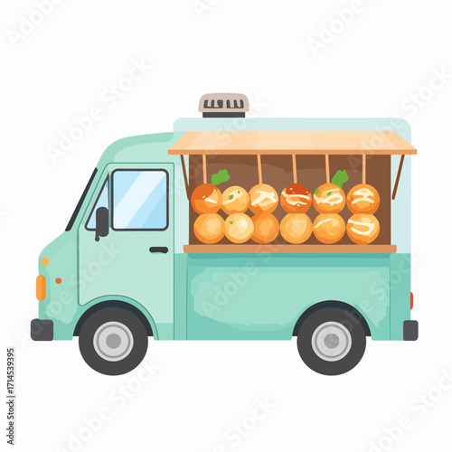 Cartoon food truck selling street food illustration on white background.