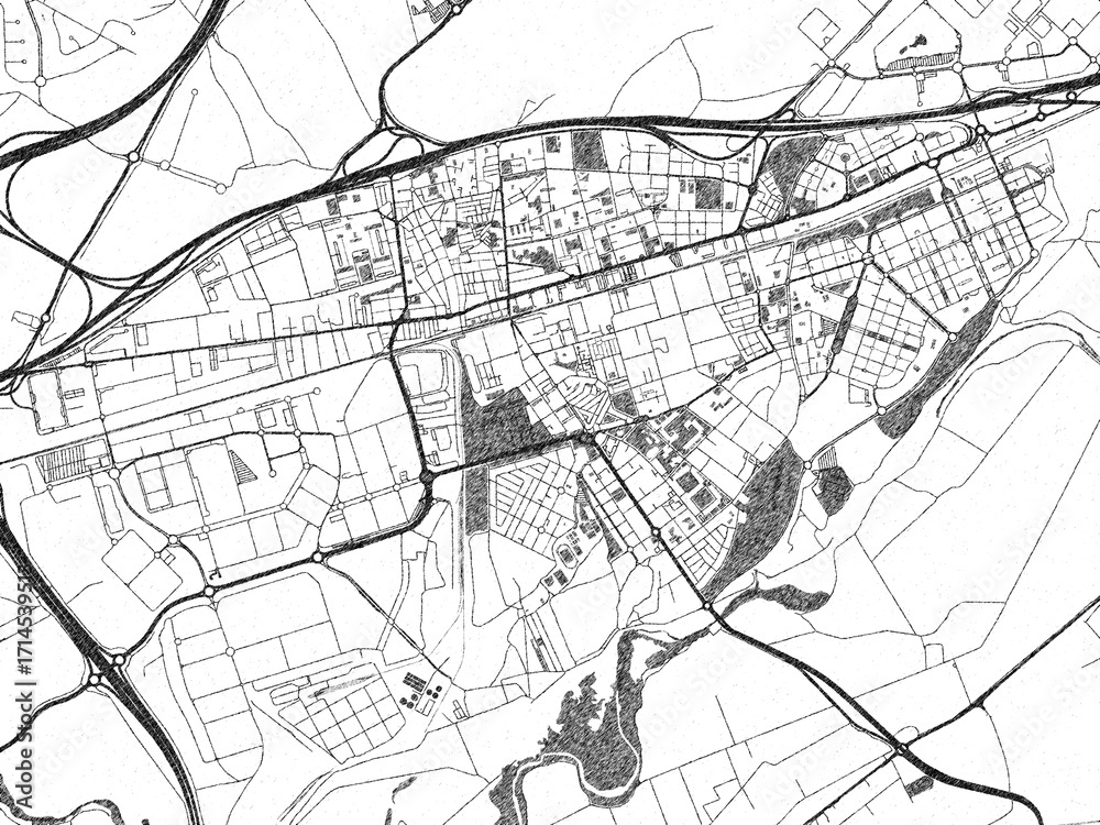 Naklejka premium Illustrated map of Torrejon de Ardoz, Spain, in black and white hand-drawn digital style.