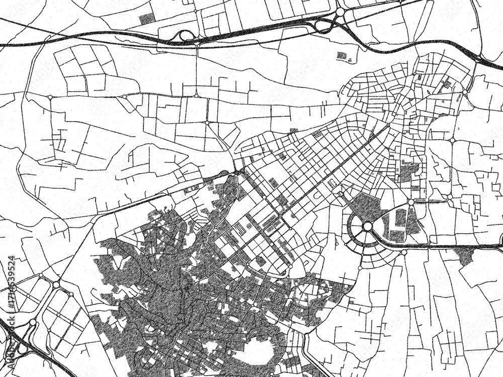 Naklejka premium Black and white cartographic illustration of Torrent, Spain, in hand-drawn sketch form.
