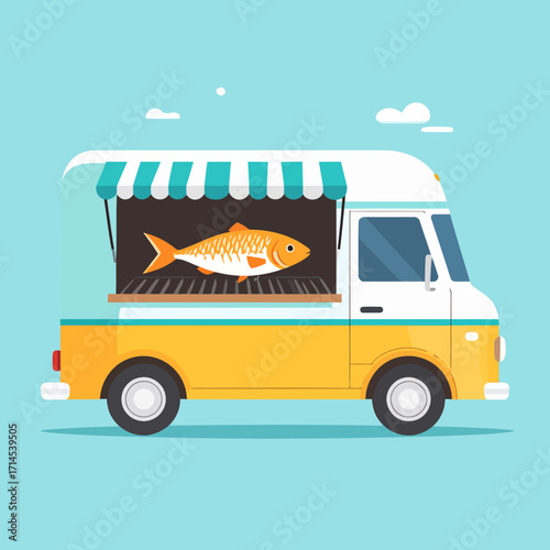 Fish Food Truck Illustration with Grill and Awning, Mobile Seafood Vendor.
