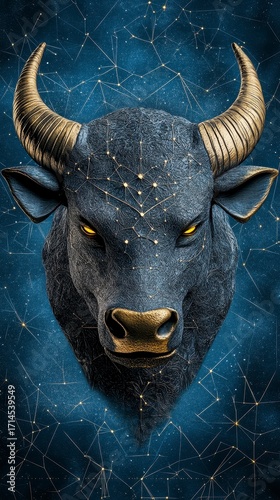 Majestic Bull Head Against A Starry Night Sky