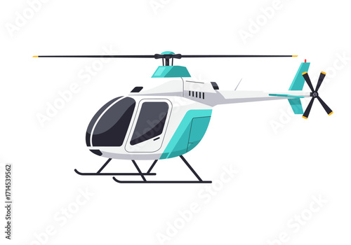A teal and white helicopter with black rotors is shown against a white background