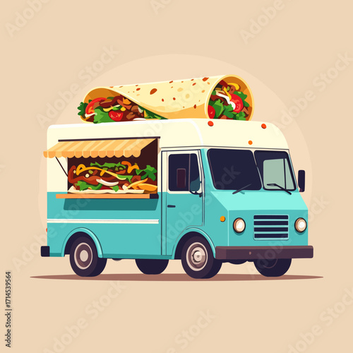 Food truck with a large burrito on top and food inside.