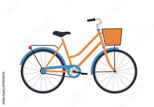 A stylized bicycle with orange frame blue mudguards and a front basket is depicted