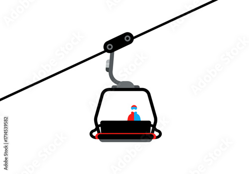 A ski lift chair carries two people up a snowy mountain supported by a cable