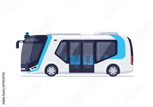 A white blue and black autonomous bus with sliding doors and rows of seats is viewed in a cartoonstyle illustration