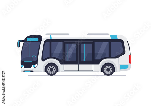 A white bus features blue trim dark tinted windows and a minimalist design