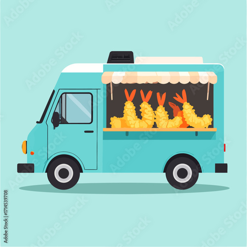 Light blue food truck serving fried shrimp tempura illustration.
