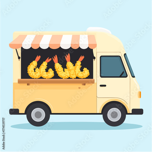 Yellow food truck selling fried shrimp with striped awning.