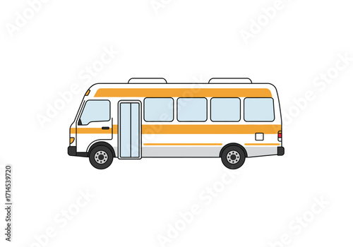 A white and orange minibus with sliding door and several windows