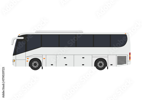 A white coach bus with tinted windows is viewed from its side