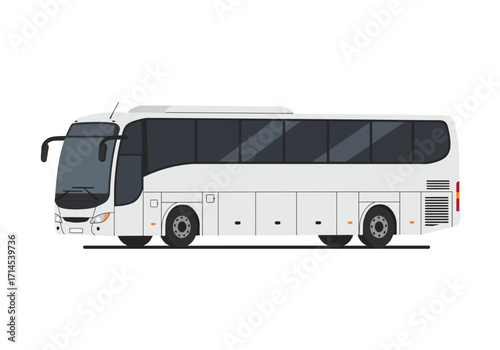 A white passenger bus shown in a side view with dark tinted windows