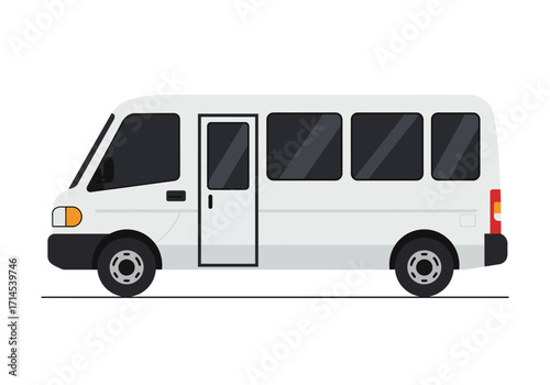 A white minibus is shown in a simple illustrative style against a plain white background