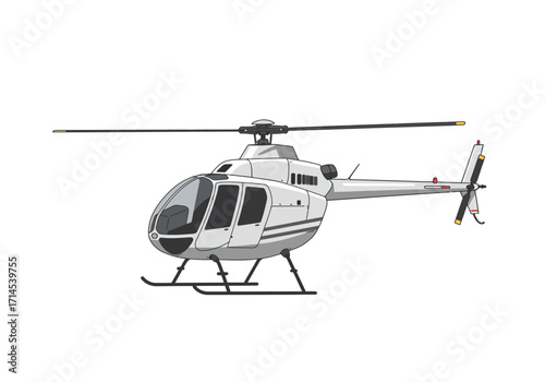 A white helicopter with black rotors on a white background viewed from the front