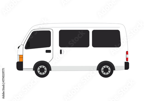 A white van is depicted in a cartoon illustration against a white background