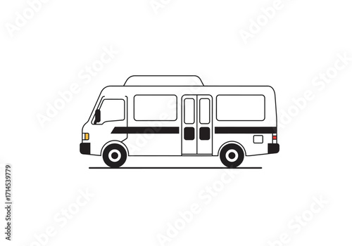 A white van with black stripes and two windows is depicted