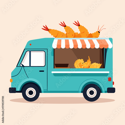 Teal food truck with tempura shrimp on top.