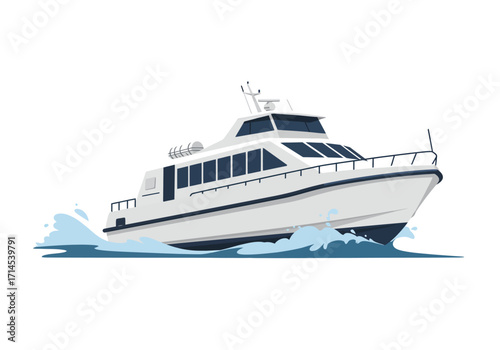 A white yacht cruising through the water creating splashes