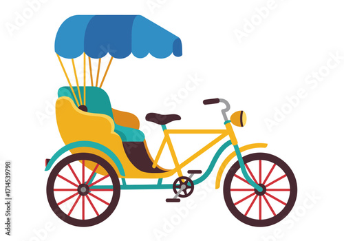 A yellow and blue pedicab with a brown seat and red spokes
