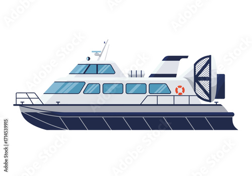 An illustration of a blue and white hovercraft with multiple windows