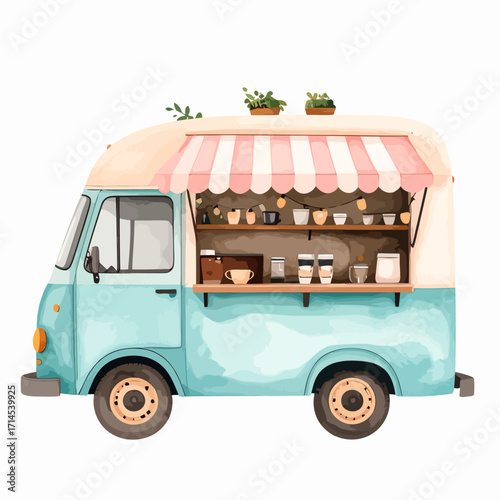 Charming Blue Food Truck with Striped Awning and Potted Plants on Top.